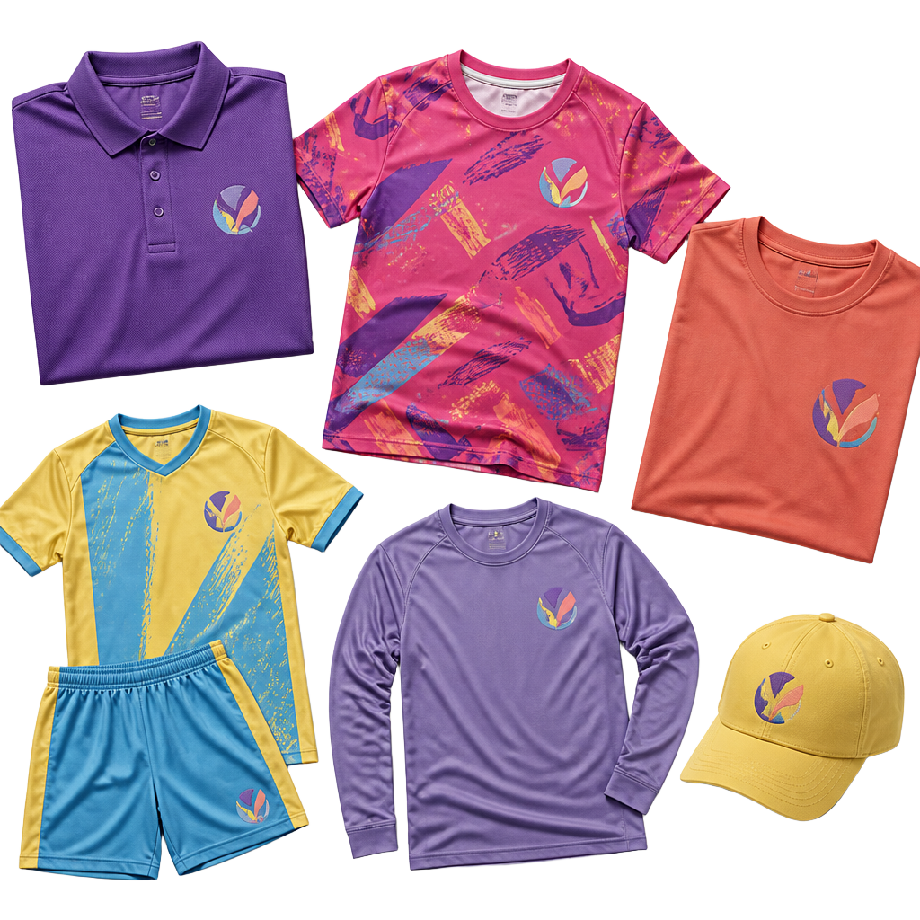 Mockup completo de produtos BB Fardamentos e Personalizados: polo, camiseta, uniforme de time, camisa UV e boné